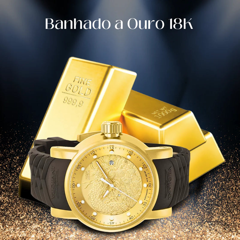 Relógio Automático Invicta Yakuza Fundo de Vidro Funcional Banhado a Prata e Ouro 18K A Prova D'água