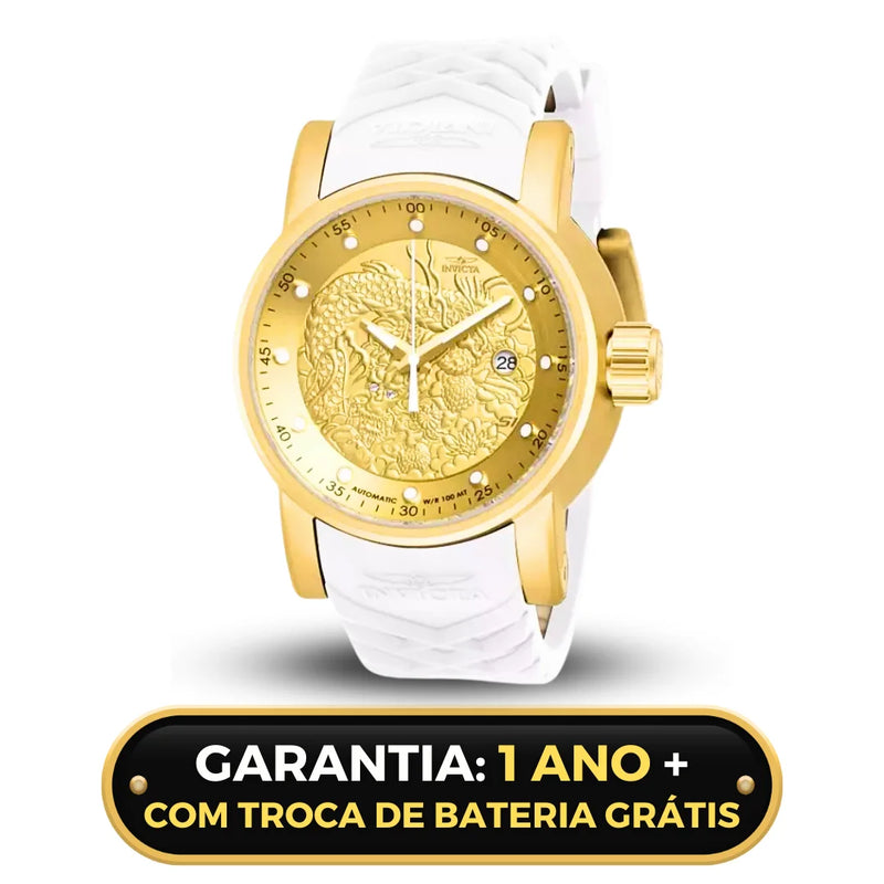 Relógio Automático Invicta Yakuza Fundo de Vidro Funcional Banhado a Prata e Ouro 18K A Prova D'água