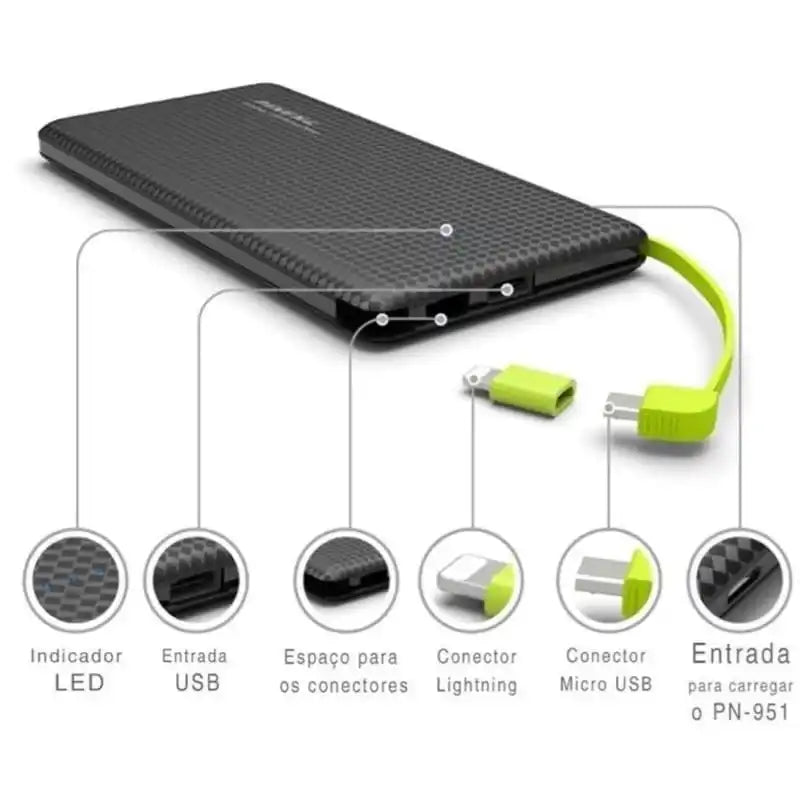 Power Bank 10.000mAh | Cabos Embutidos Práticos | Bateria Portátil Segura