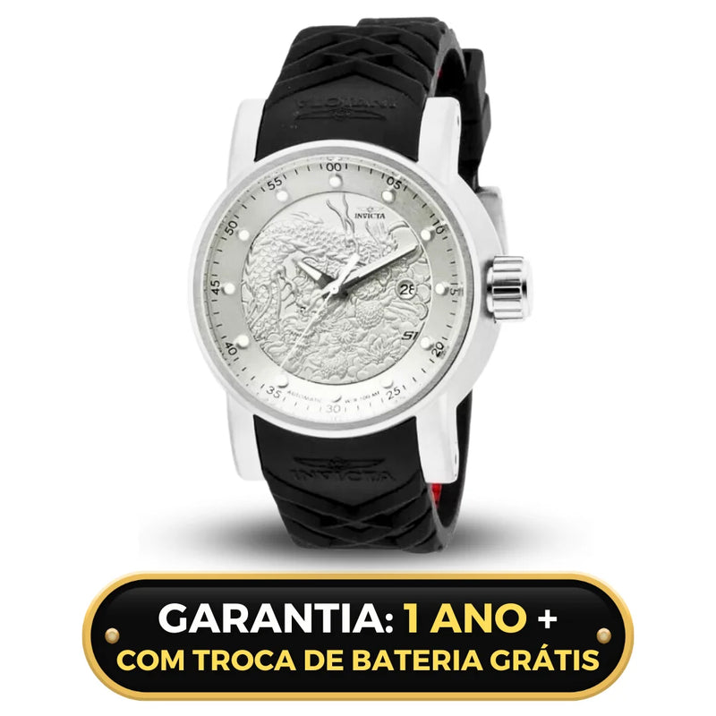 Relógio Automático Invicta Yakuza Fundo de Vidro Funcional Banhado a Prata e Ouro 18K A Prova D'água