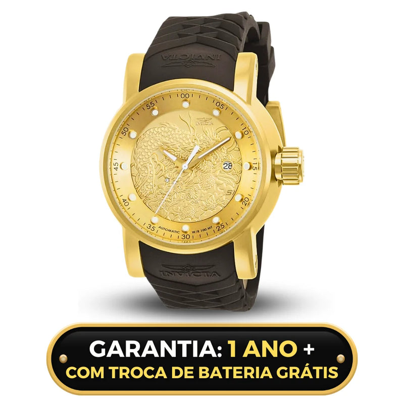 Relógio Automático Invicta Yakuza Fundo de Vidro Funcional Banhado a Prata e Ouro 18K A Prova D'água