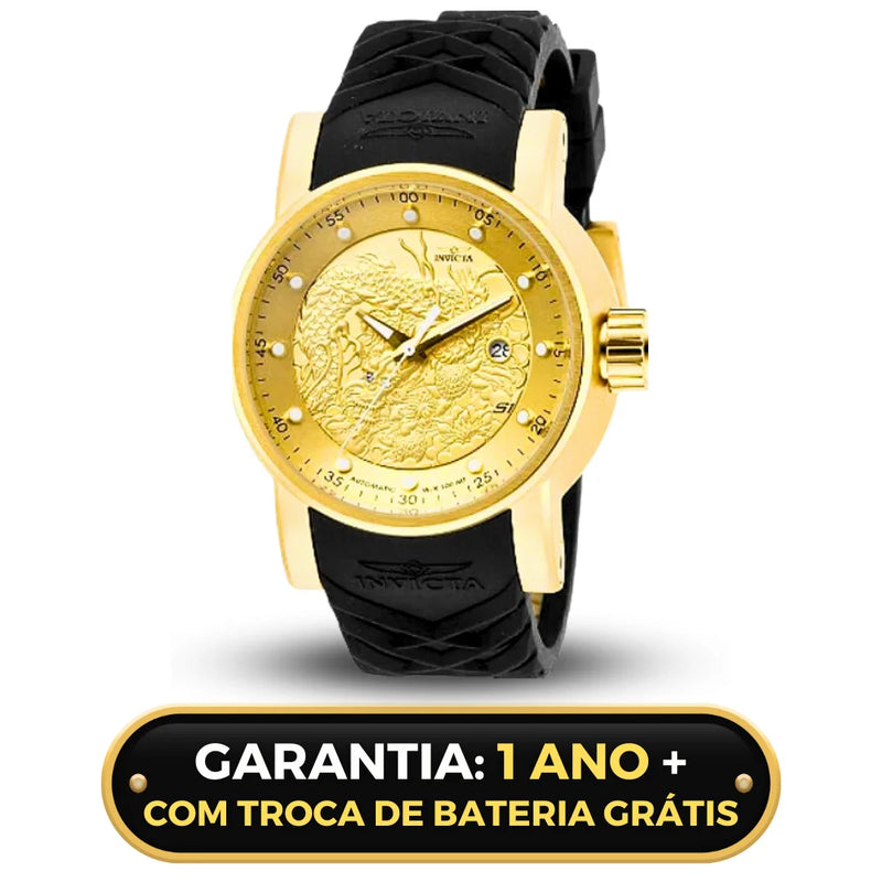 Relógio Automático Invicta Yakuza Fundo de Vidro Funcional Banhado a Prata e Ouro 18K A Prova D'água