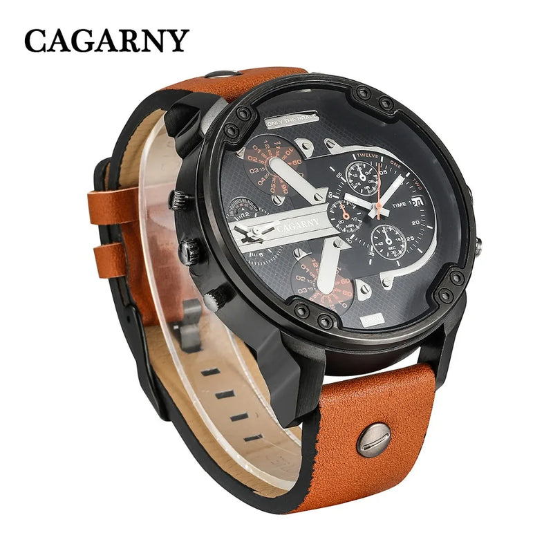 Relógio Masculino Cagarny DZ6820 Couro Analógico-Digital Dois Fusos Horários Moda Luxo