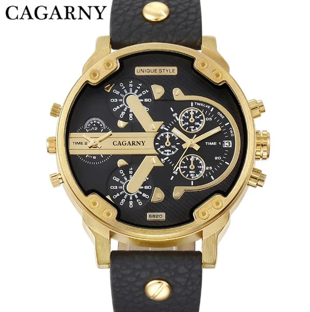 Relógio Masculino Cagarny DZ6820 Couro Analógico-Digital Dois Fusos Horários Moda Luxo