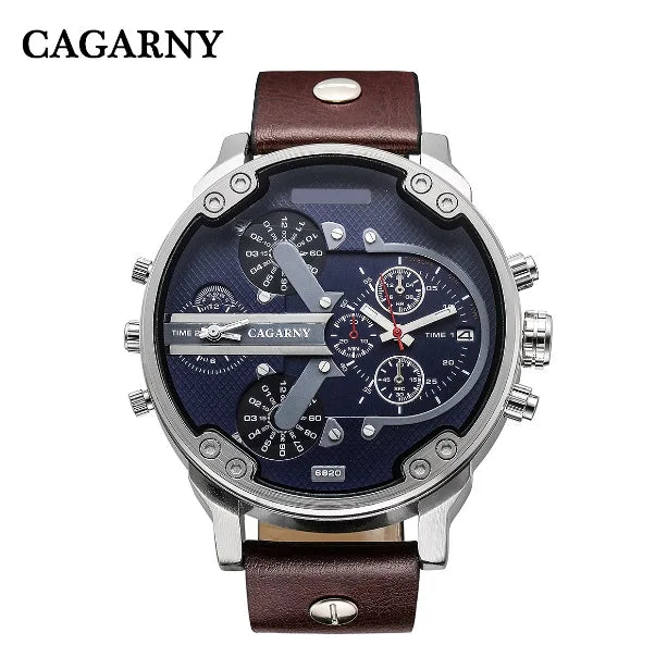 Relógio Masculino Cagarny DZ6820 Couro Analógico-Digital Dois Fusos Horários Moda Luxo