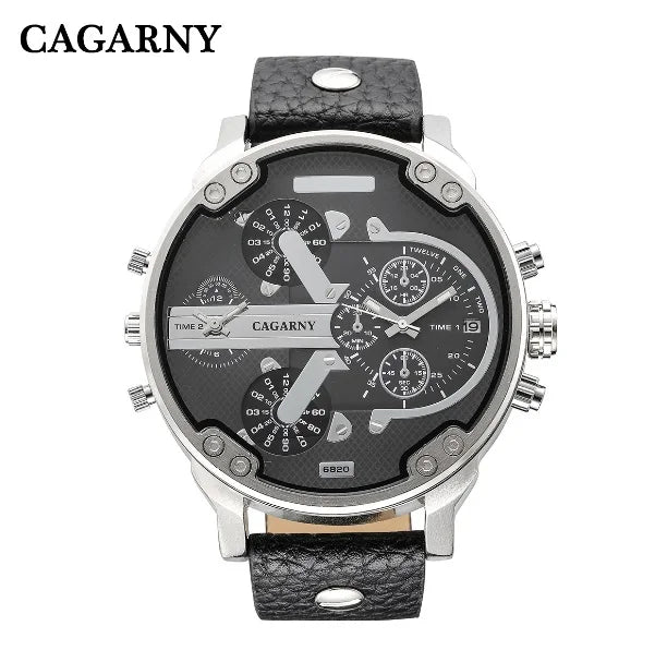 Relógio Masculino Cagarny DZ6820 Couro Analógico-Digital Dois Fusos Horários Moda Luxo