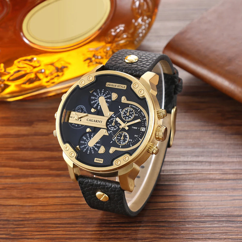 Relógio Masculino Cagarny DZ6820 Couro Analógico-Digital Dois Fusos Horários Moda Luxo