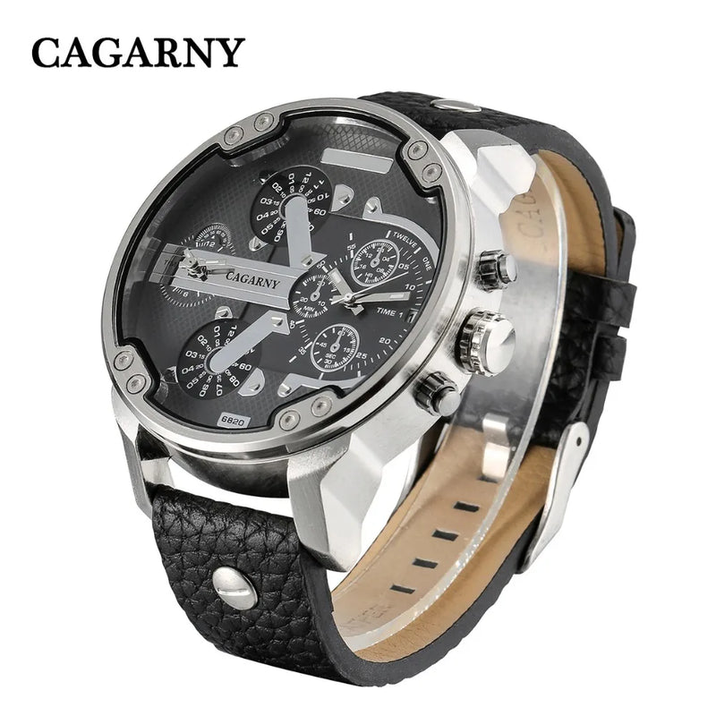 Relógio Masculino Cagarny DZ6820 Couro Analógico-Digital Dois Fusos Horários Moda Luxo