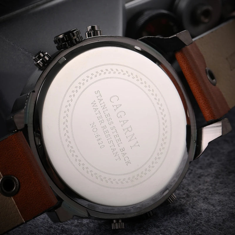 Relógio Masculino Cagarny DZ6820 Couro Analógico-Digital Dois Fusos Horários Moda Luxo