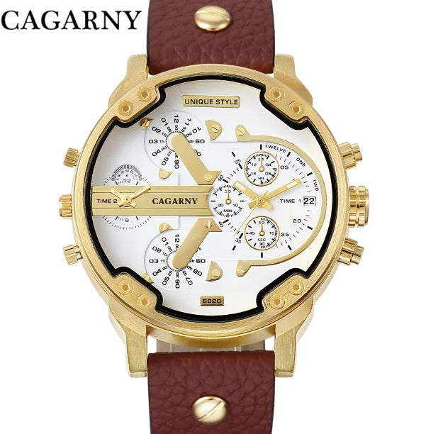 Relógio Masculino Cagarny DZ6820 Couro Analógico-Digital Dois Fusos Horários Moda Luxo