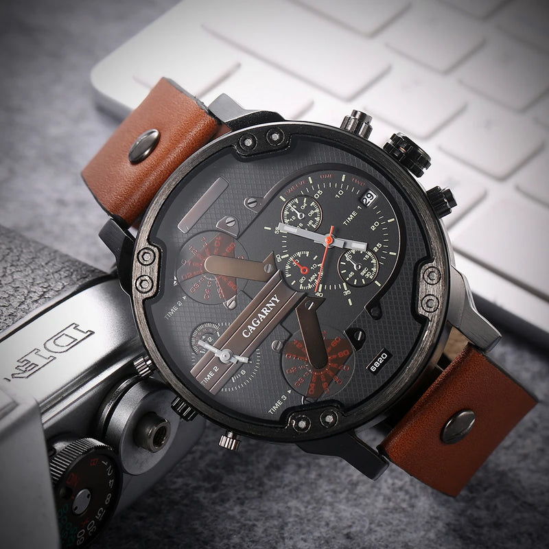Relógio Masculino Cagarny DZ6820 Couro Analógico-Digital Dois Fusos Horários Moda Luxo