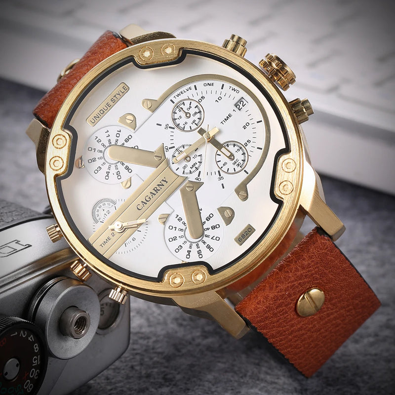 Relógio Masculino Cagarny DZ6820 Couro Analógico-Digital Dois Fusos Horários Moda Luxo